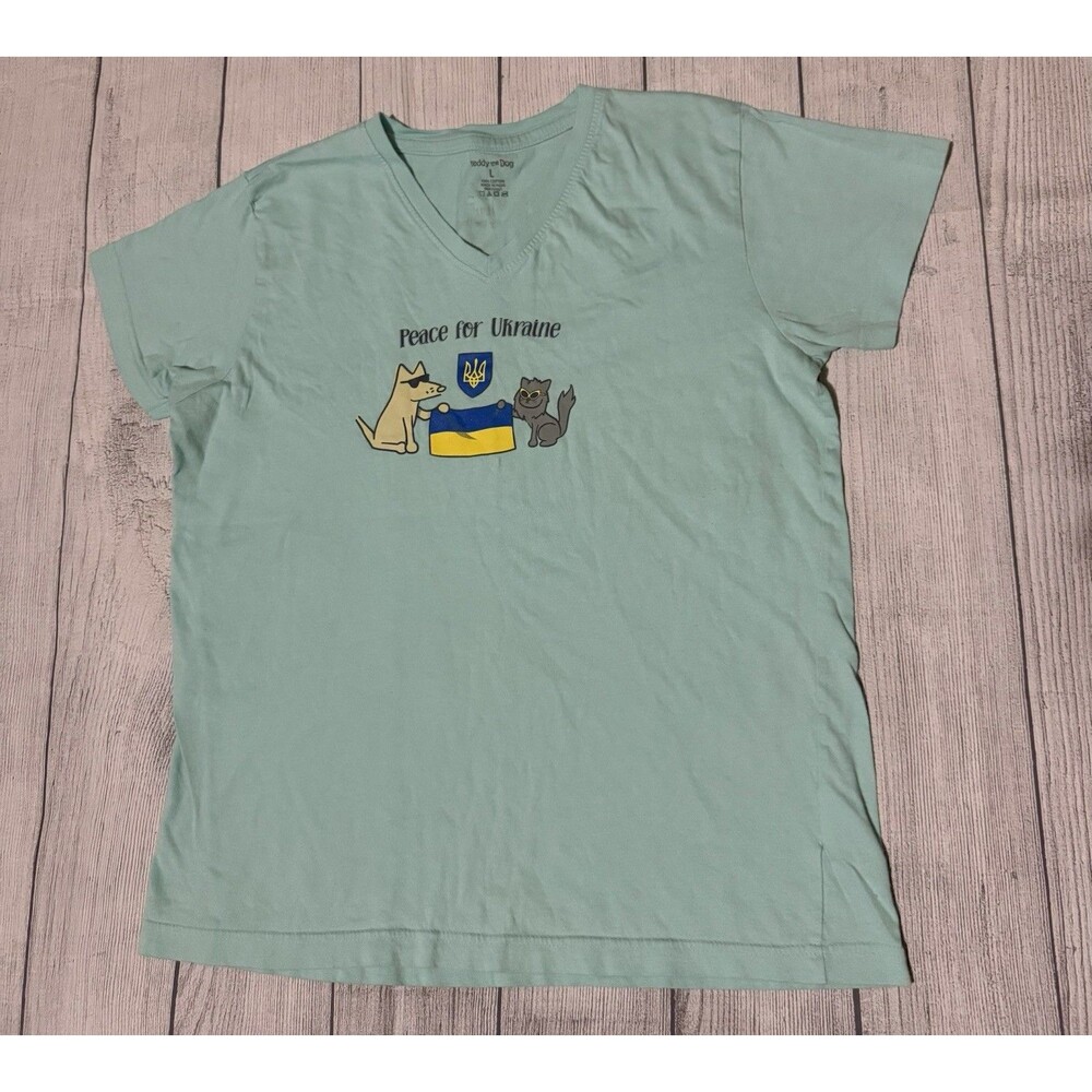Teddy the Dog Tilly The Cat PEACE FOR UKRAINE Blue T-shirt Size Large L V Neck
